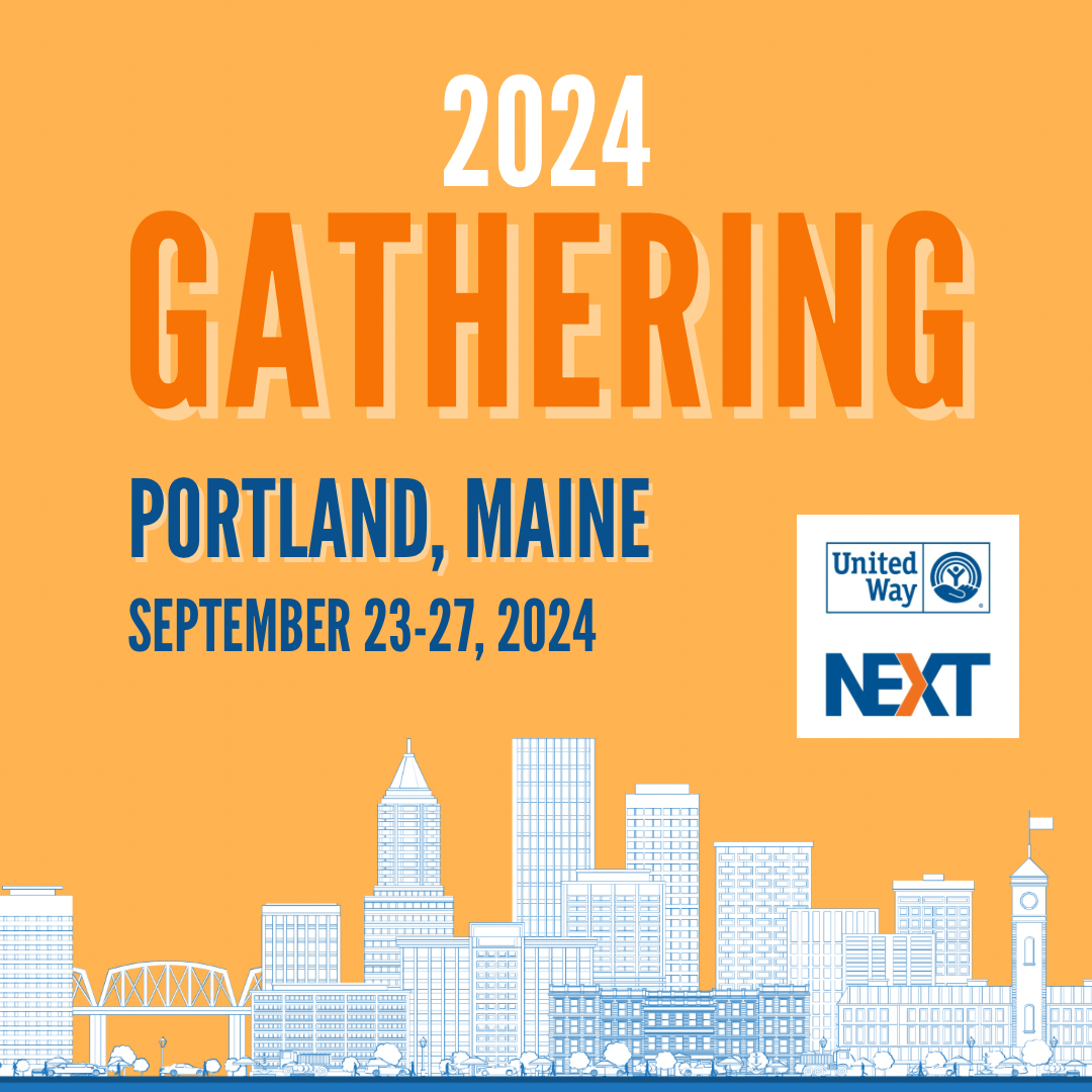 Light orange background. Text: 2024 Gathering. Portland, Maine. September 23-27, 2024. UW NEXT logo. Graphic of a city skyline