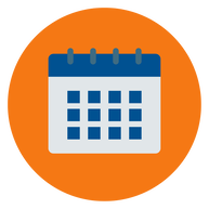 Icon of a blue and white calendar with an orange circle background