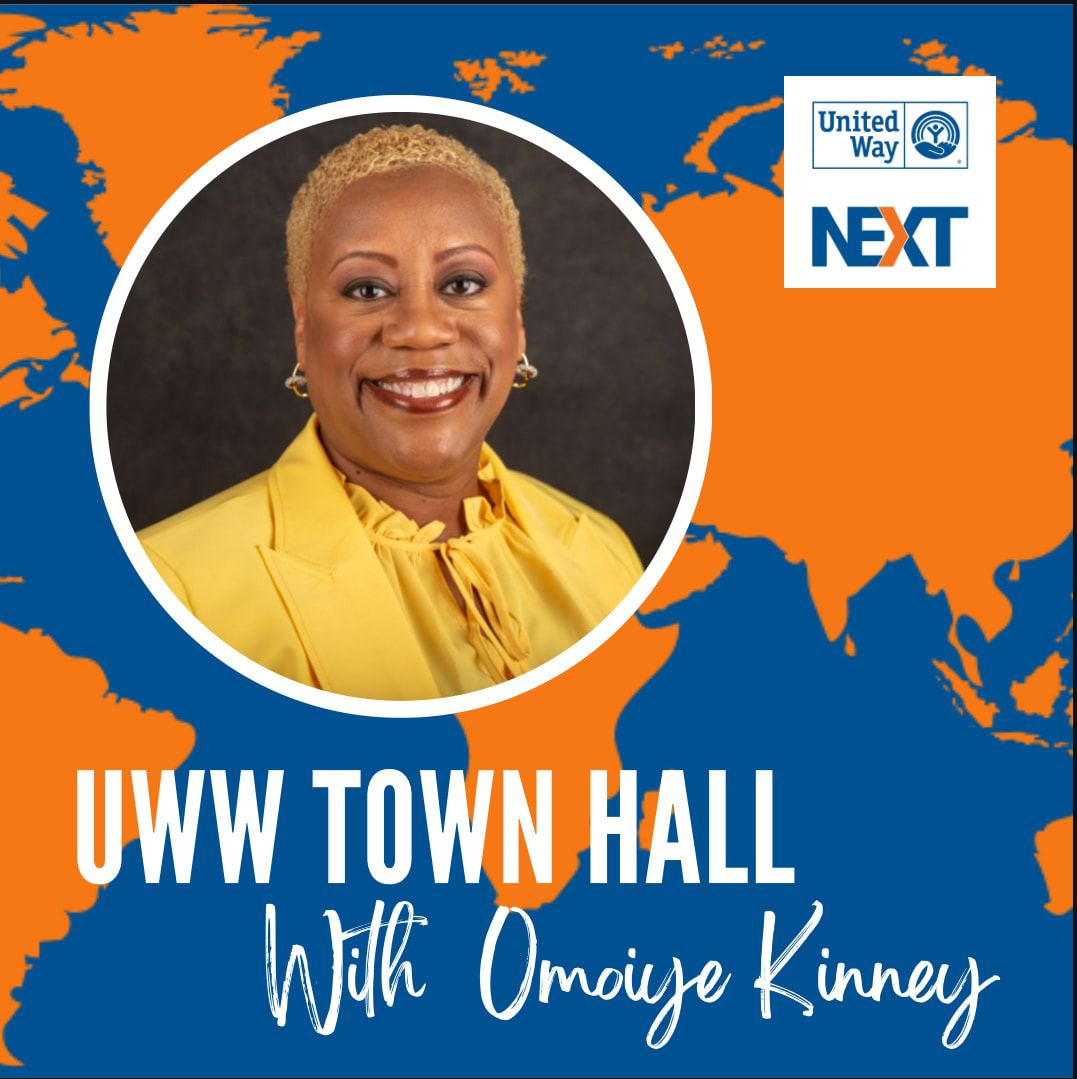 Background image of a blue and orange map of the world. UW NEXT logo. Headshot of Omoiye Kinney. Text: UWW Town Hall with Omoiye Kinney