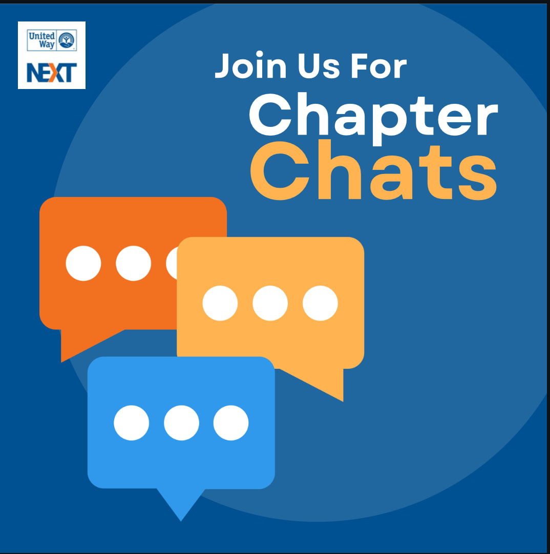 Blue background. UW NEXT logo. Orange and blue text bubbles. Text: Join us for Chapter Chats